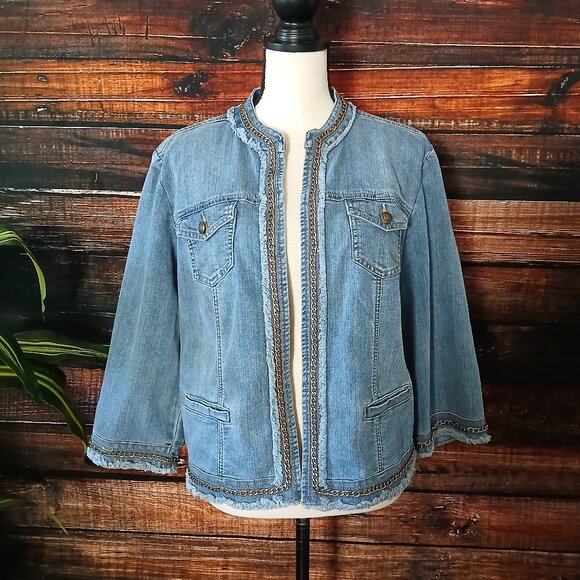 Chico's Jean Jacket 2 Large Chauncey Chain Fringe Open Front Cropped 3/4 Sleeves - Picture 4 of 11